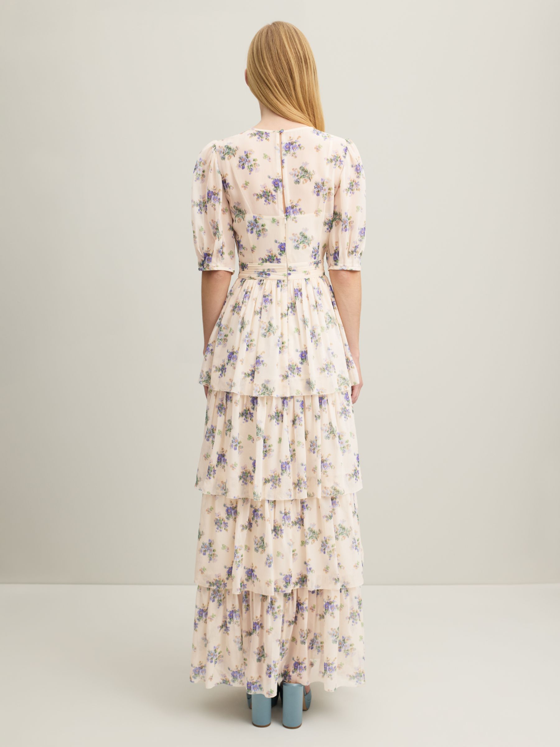 L.K.Bennett Royal Ascot Bouvier Tiered Silk Maxi Dress, Cream/Multi, 14