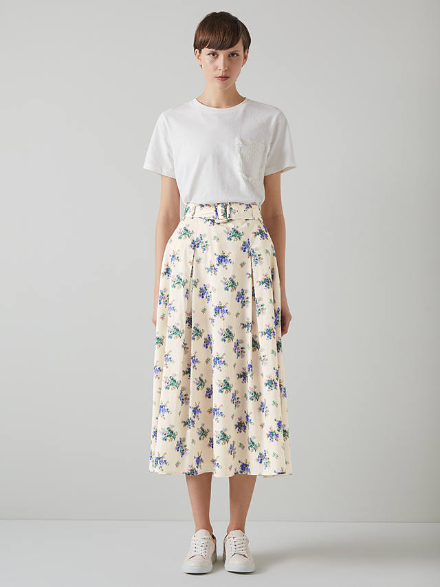 L.K.Bennett Elodie Cotton Floral Midi Skirt, Cream