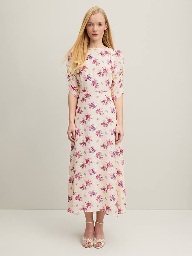 L.K.Bennett Delilah Floral Bouquet Print Jacquard Silk Midi Dress, Cream/Multi