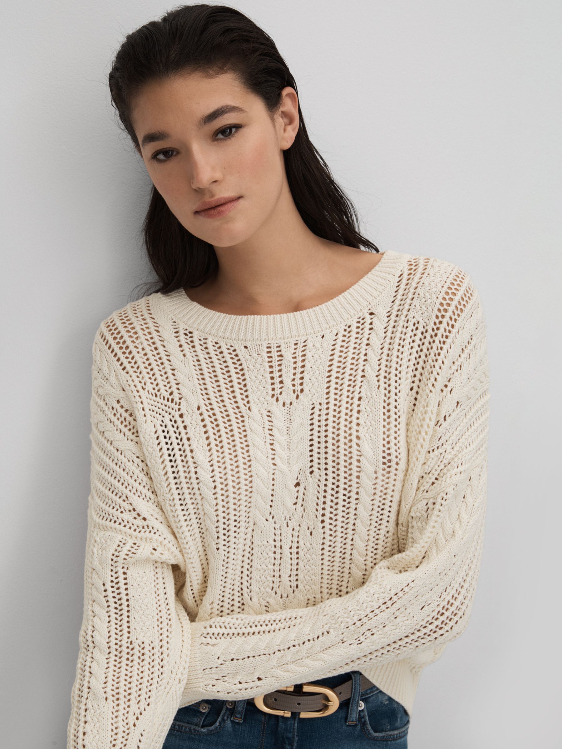 Reiss Tanya Cotton Blend Open Stitch Jumper, Ivory at John Lewis & Partners
