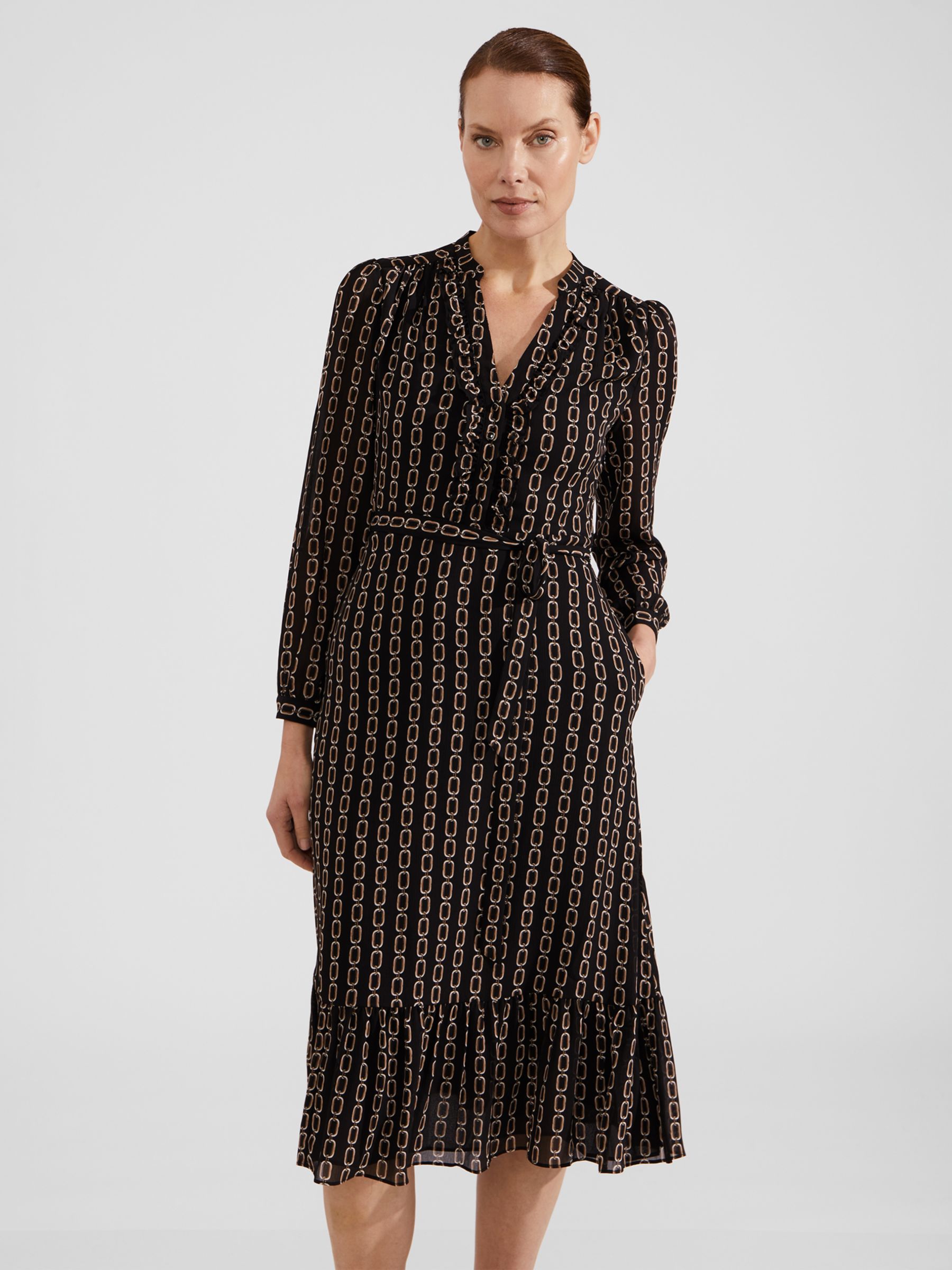 Hobbs Alexia Chain Print Dress, Black Camel at John Lewis & Partners