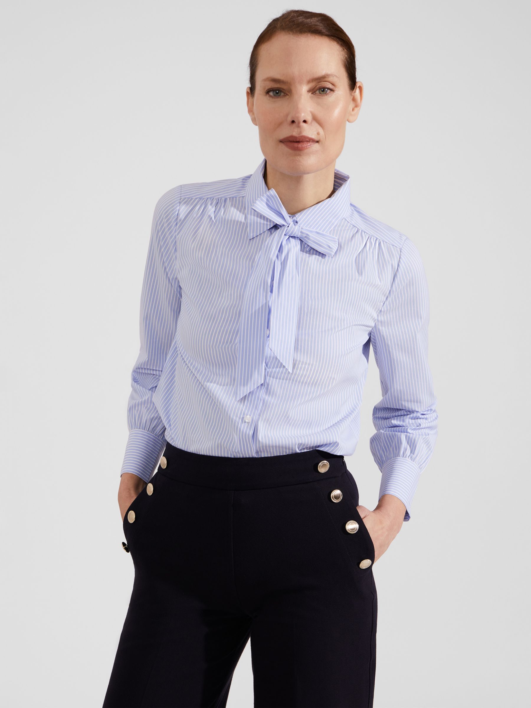 Hobbs Laurie Tie Neck Shirt, Blue/Ivory at John Lewis & Partners