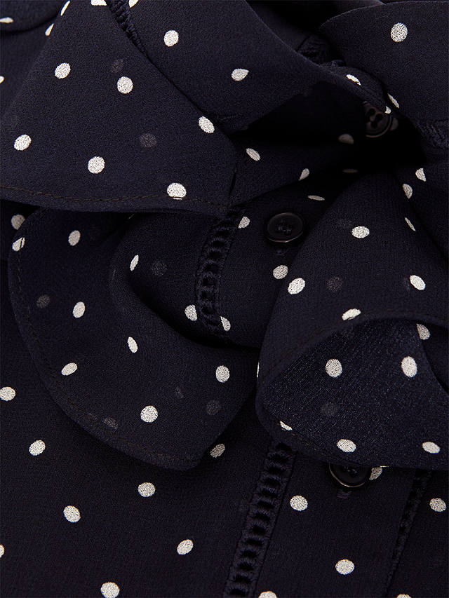 Hobbs Rosana Frill Trim Polka Dot Blouse, Navy/Ivory