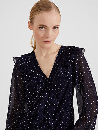 Hobbs Rosana Frill Trim Polka Dot Blouse, Navy/Ivory