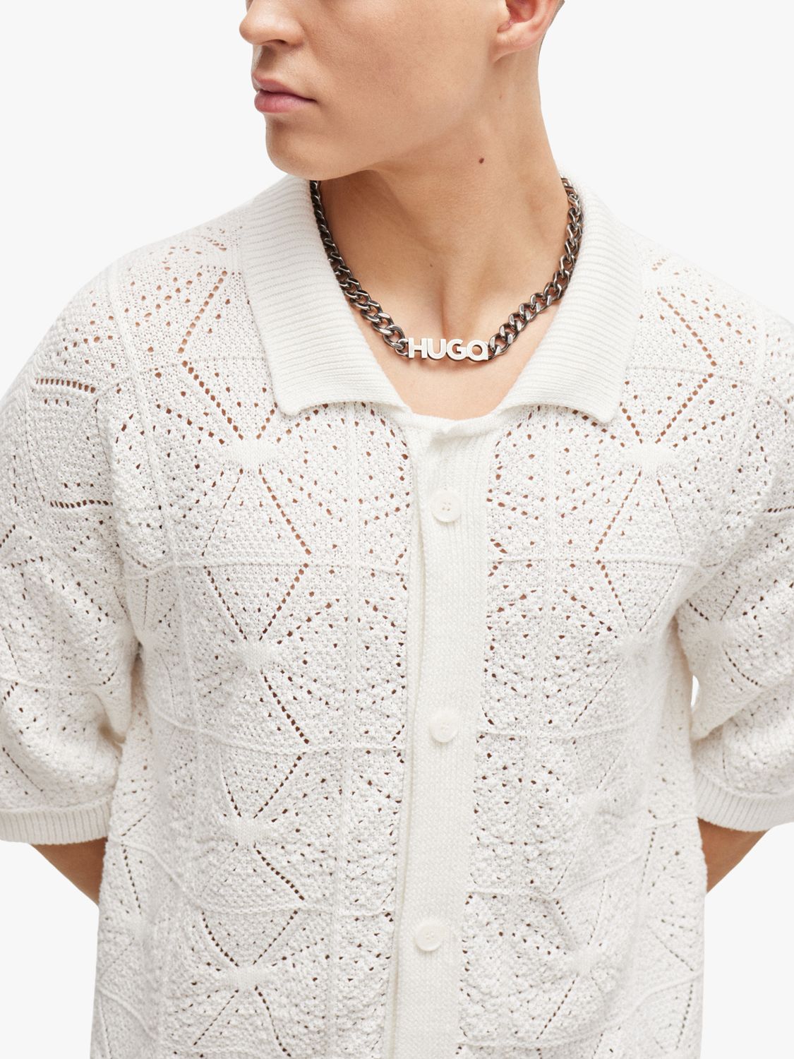 HUGO Camp Collar Knitted Shirt, Open White, M