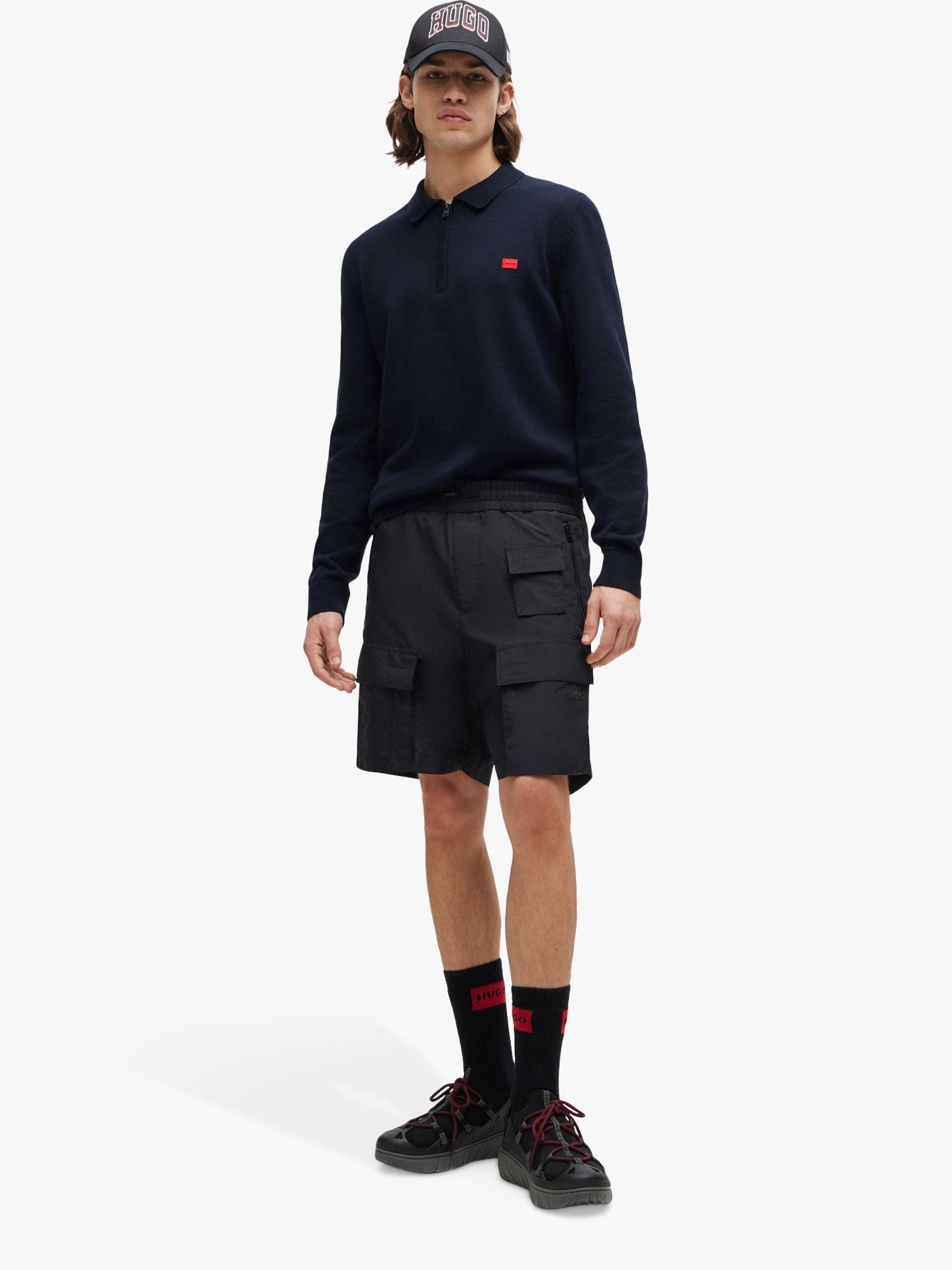 HUGO San Peer Long Sleeve Knitted Polo Shirt, Navy, L