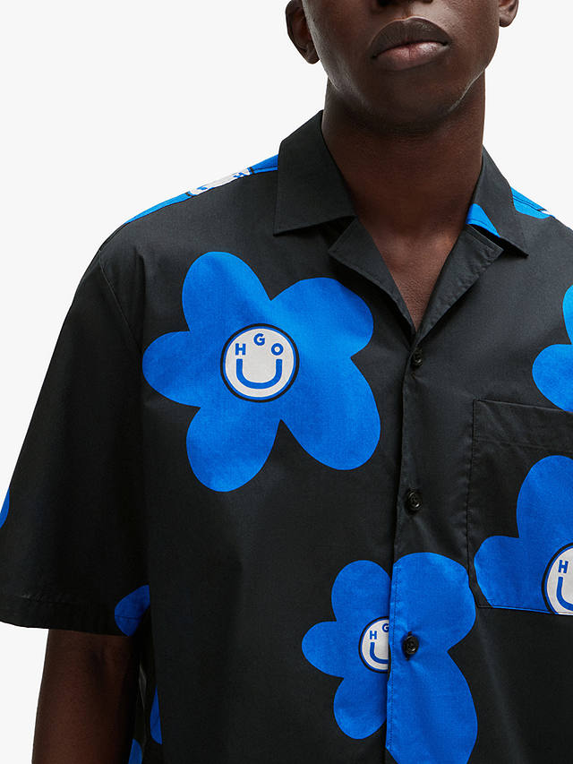 HUGO BOSS Eligino Flower Print Resort Shirt, Black/Blue