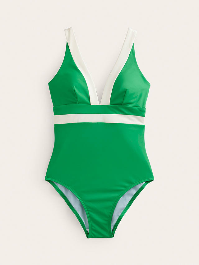 Boden Core Panel Halterneck Swimsuit, Bright Green/Ivory