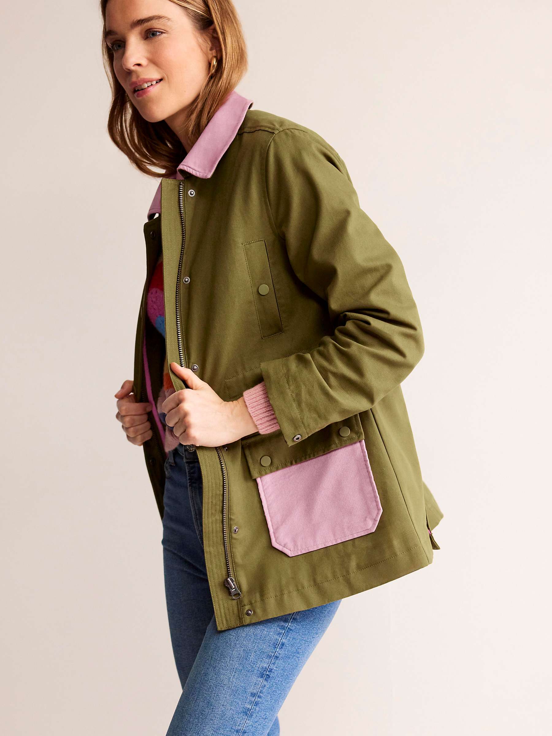 Buy Boden Colour Block Waxed Cotton Barn Coat, Moss/Pink Online at johnlewis.com