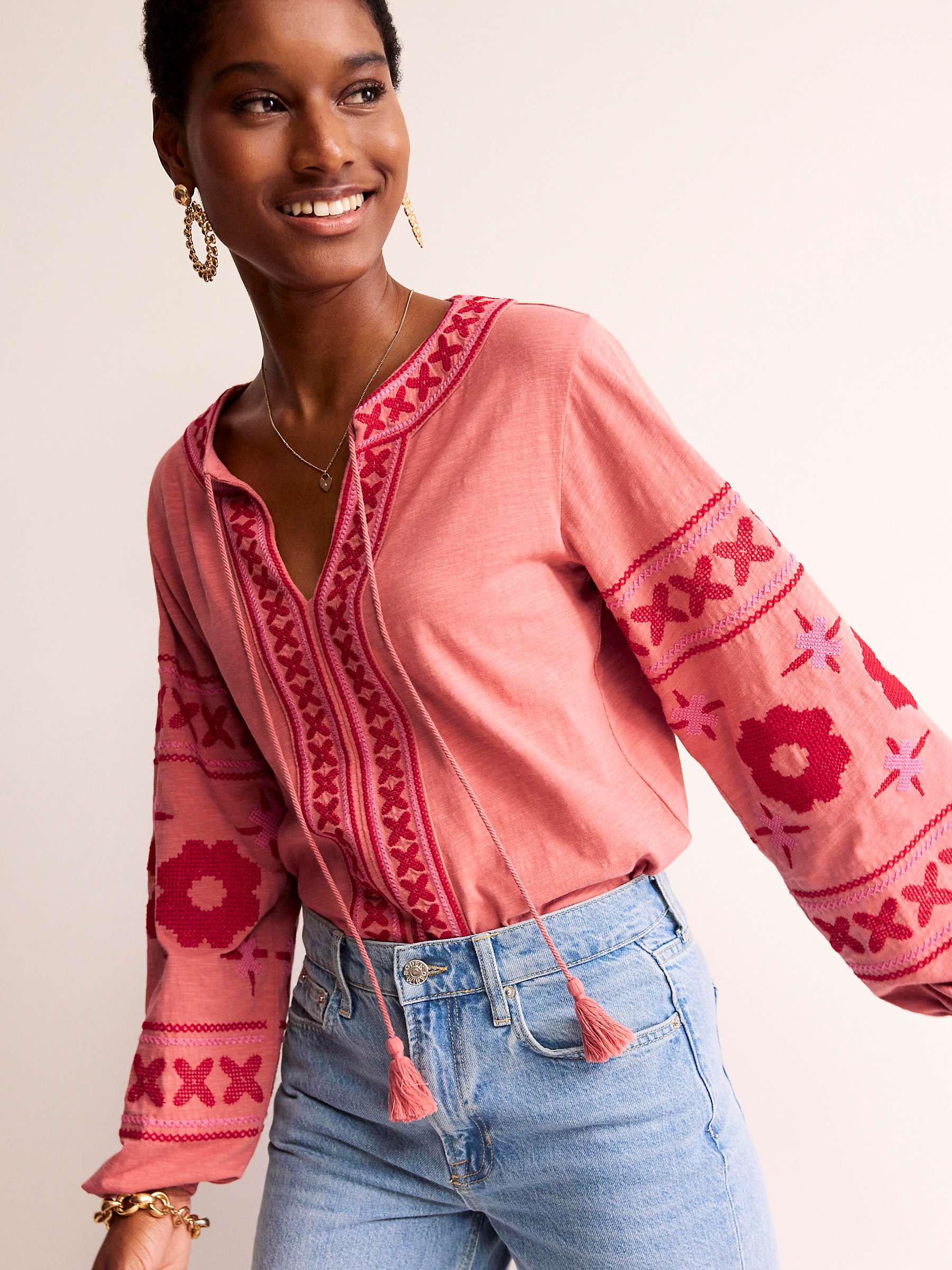 Buy Boden Diana Tie Neck Embroidered Top, Brick Dust Online at johnlewis.com