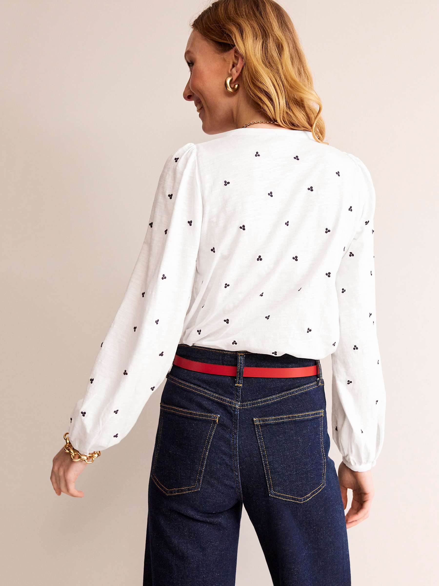 Buy Boden Marina Embroidered Spot Top, White/Navy Online at johnlewis.com