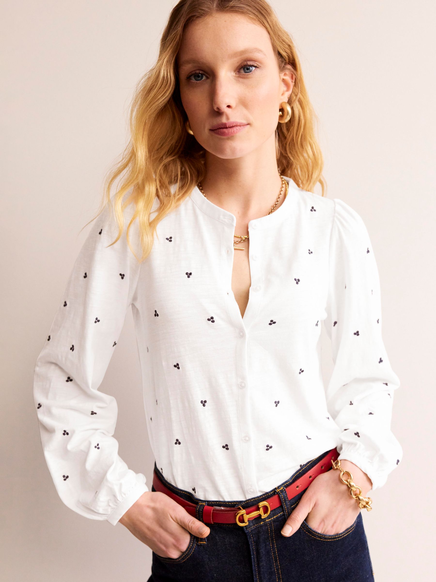 Boden Marina Embroidered Spot Top, White/Navy at John Lewis & Partners