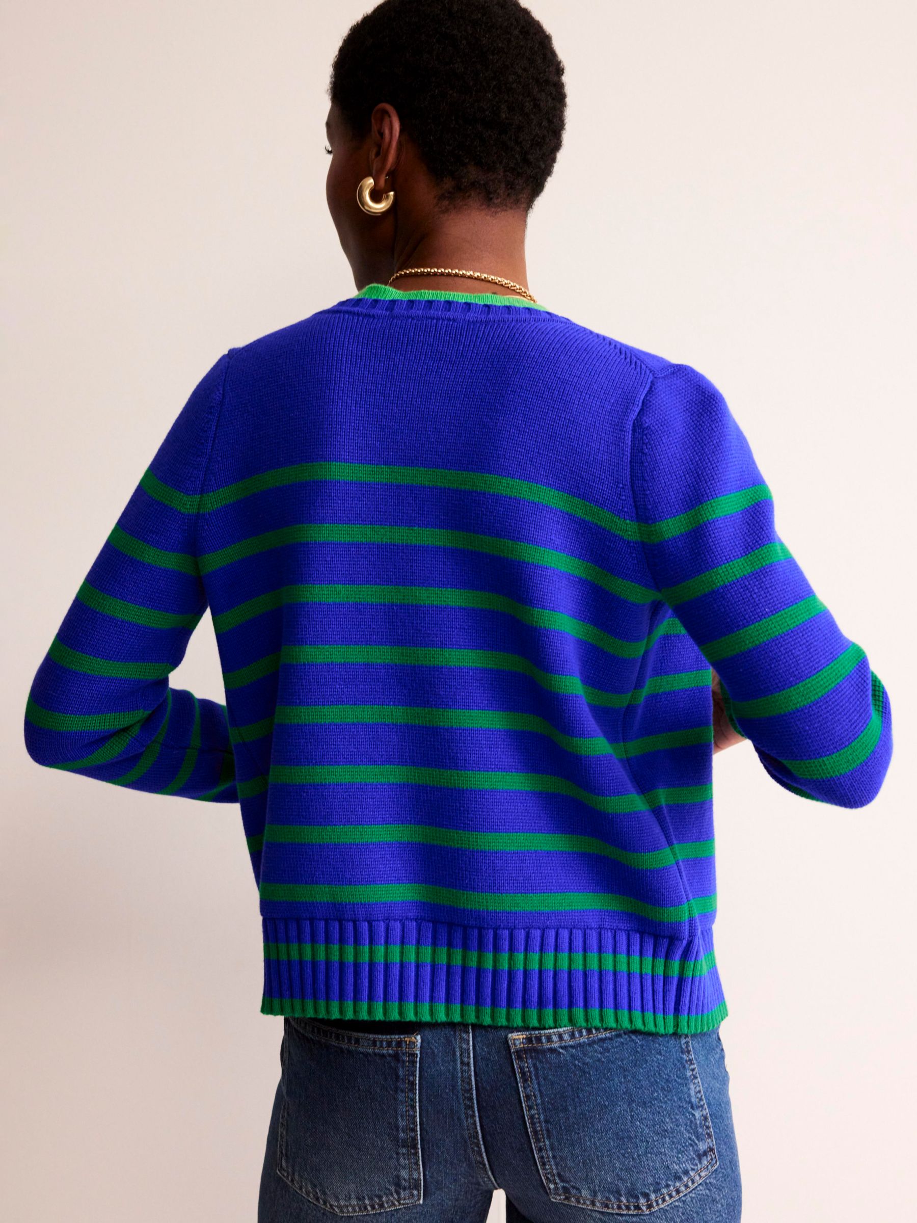 Boden Cotton Breton Stripe Zip Front Cardigan, Blue/Green, XS