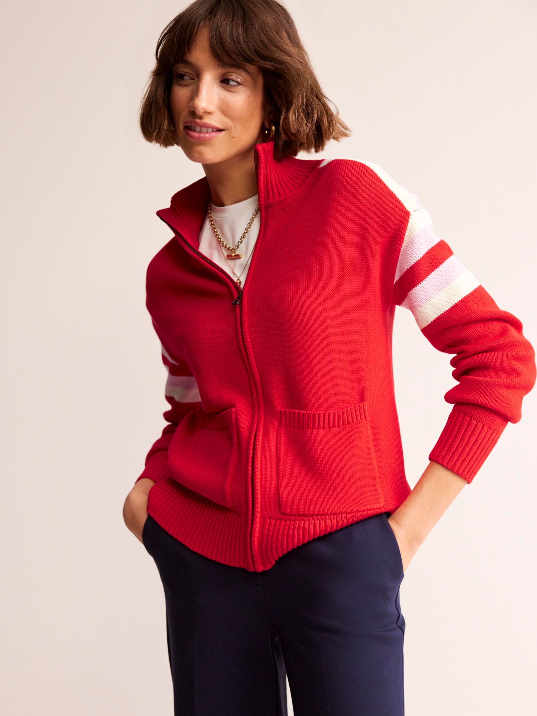 Buy Boden Stripe Sleeve Knitted Zip-Up Cardigan, Scarlet Online at johnlewis.com