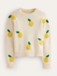 Boden Wool Blend Hand Embroidered Lemon Jumper, Warm Ivory Lemons