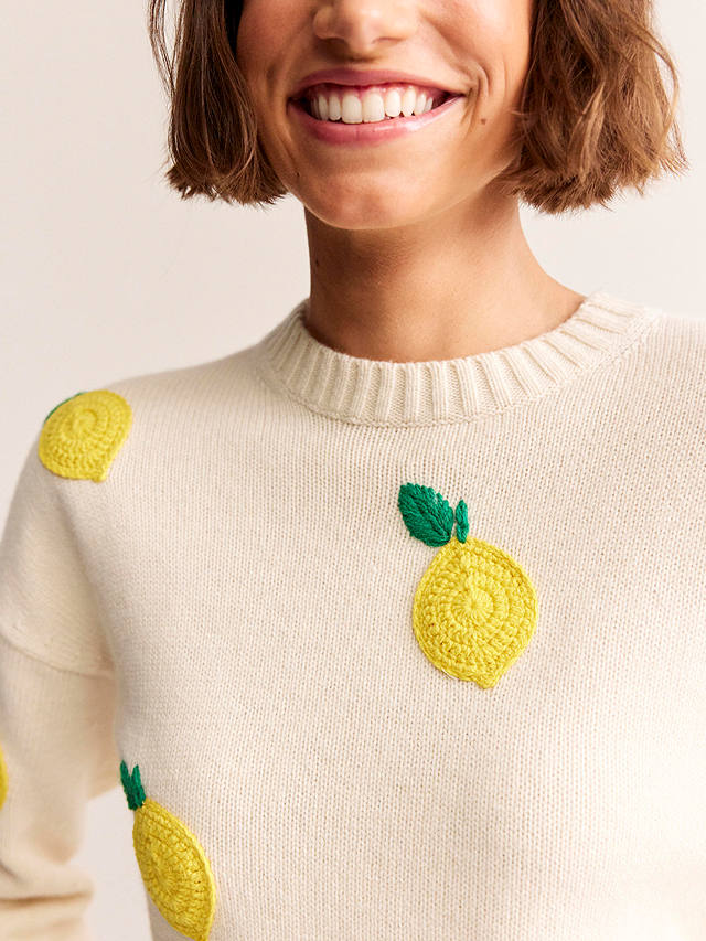 Boden Wool Blend Hand Embroidered Lemon Jumper, Warm Ivory Lemons