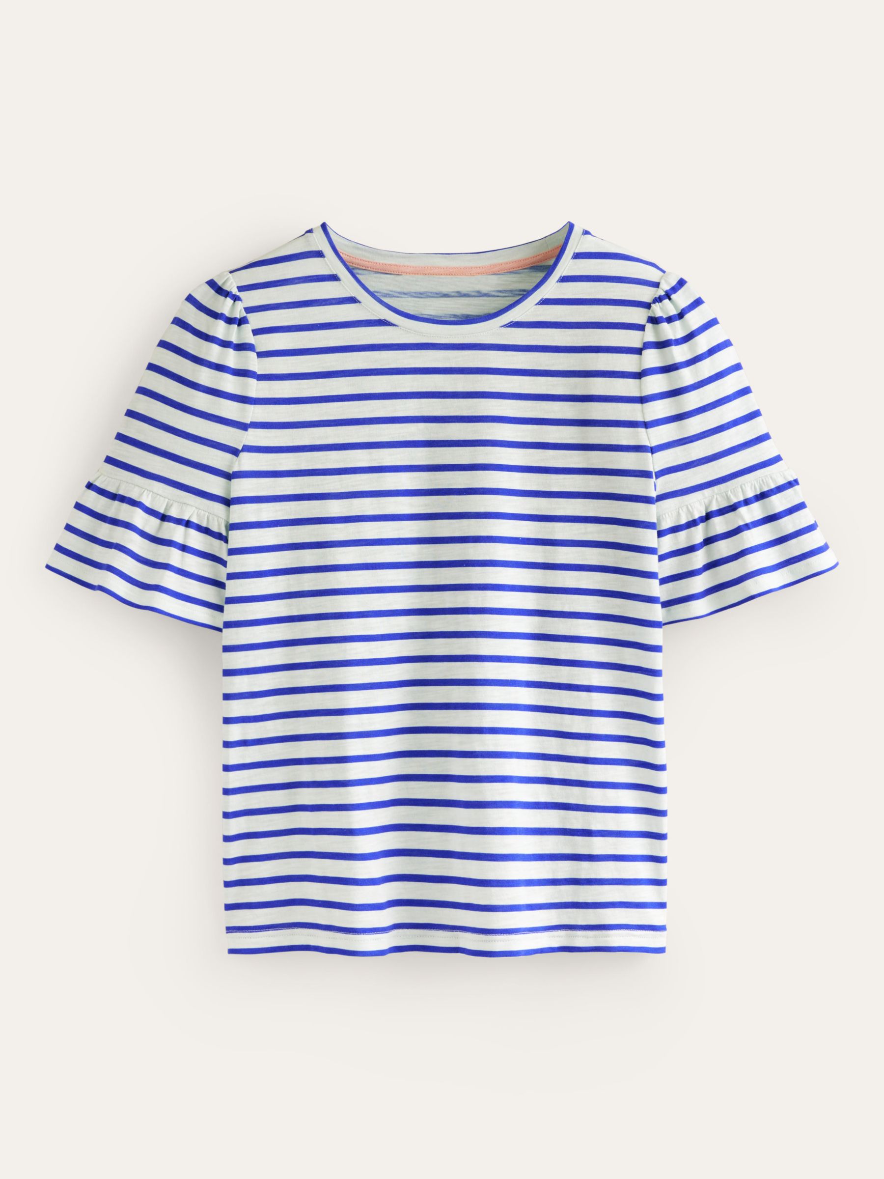 Boden Frill Sleeve Striped T-Shirt, Ivory/Surf The Web at John Lewis ...