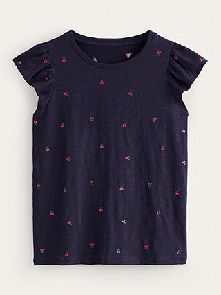 Boden Dora Embroidered Cherry Flutter Sleeve Top, Navy/Multi