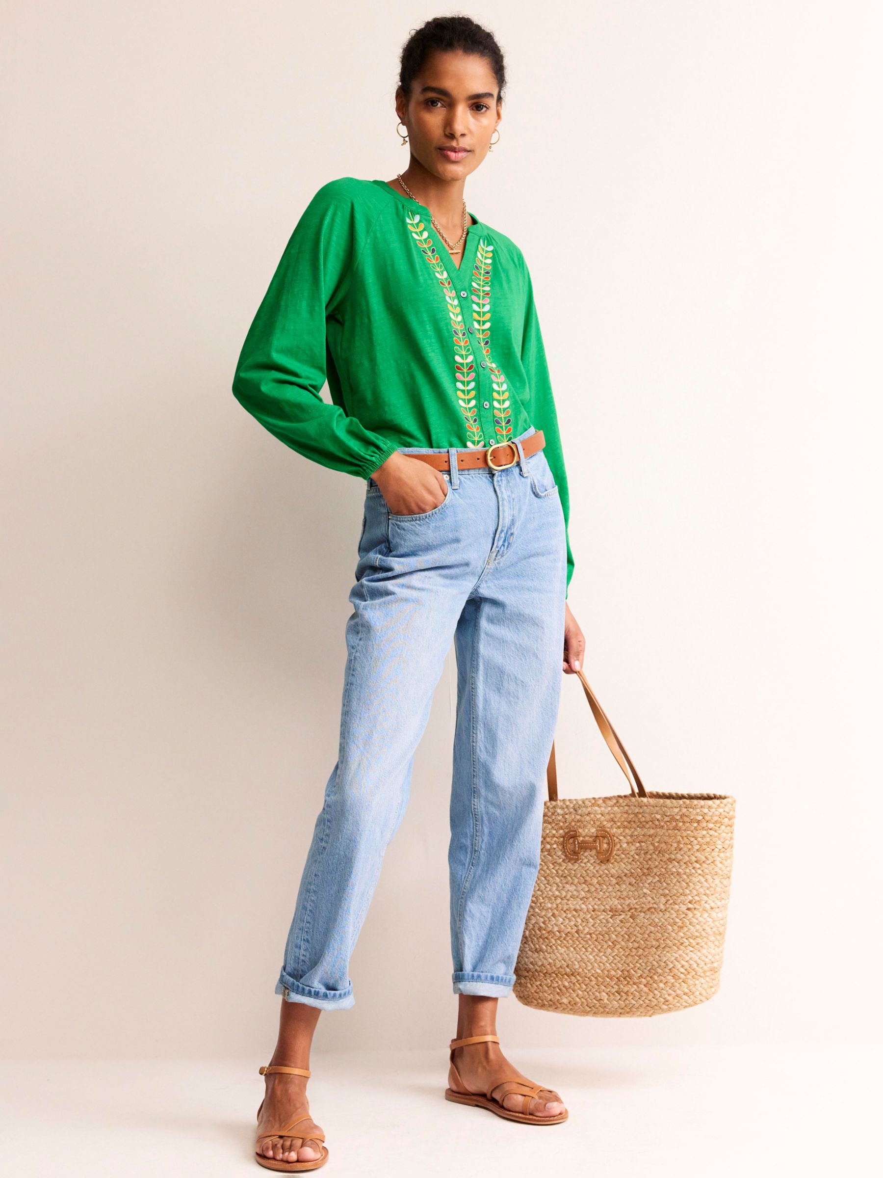 Boden Embroidered Detail Top, Rich Emerald at John Lewis & Partners