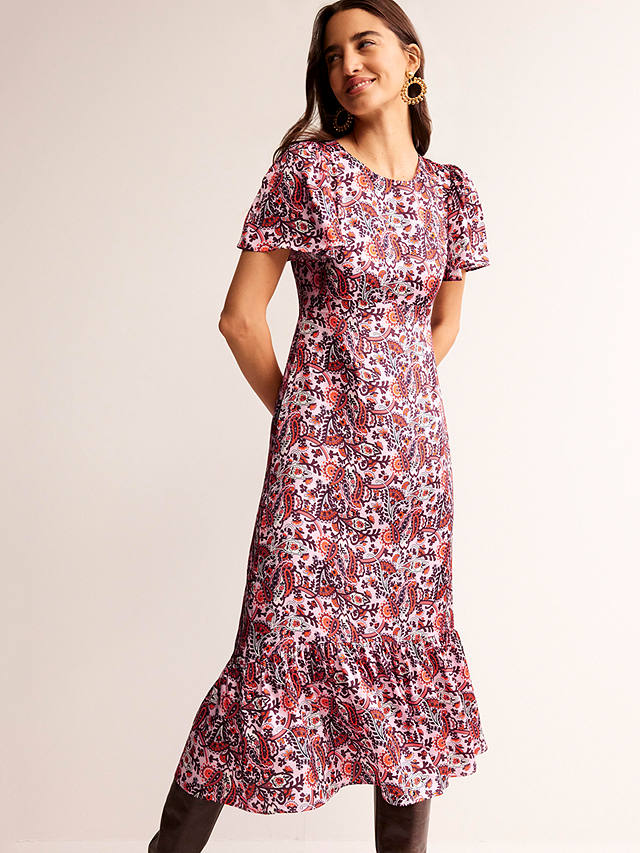 Boden Floral Tiered Flutter Sleeve Midi Dress, Orchid Pink/Multi