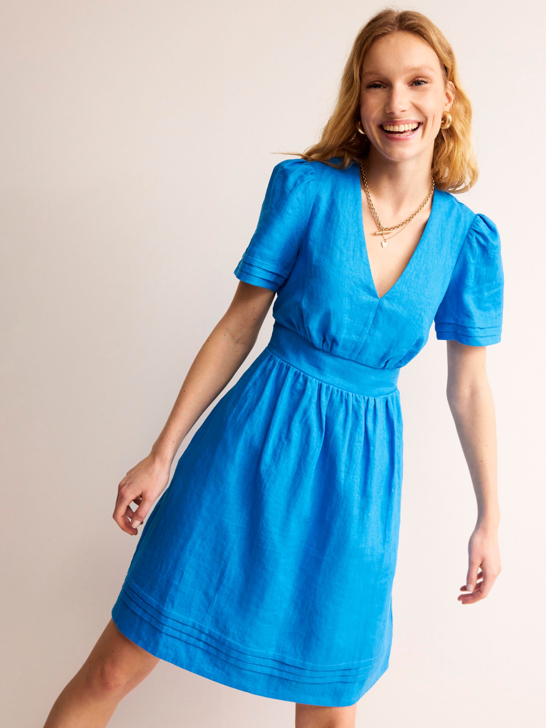 Boden Eve Knee Length Linen Dress, Brilliant Blue at John Lewis & Partners