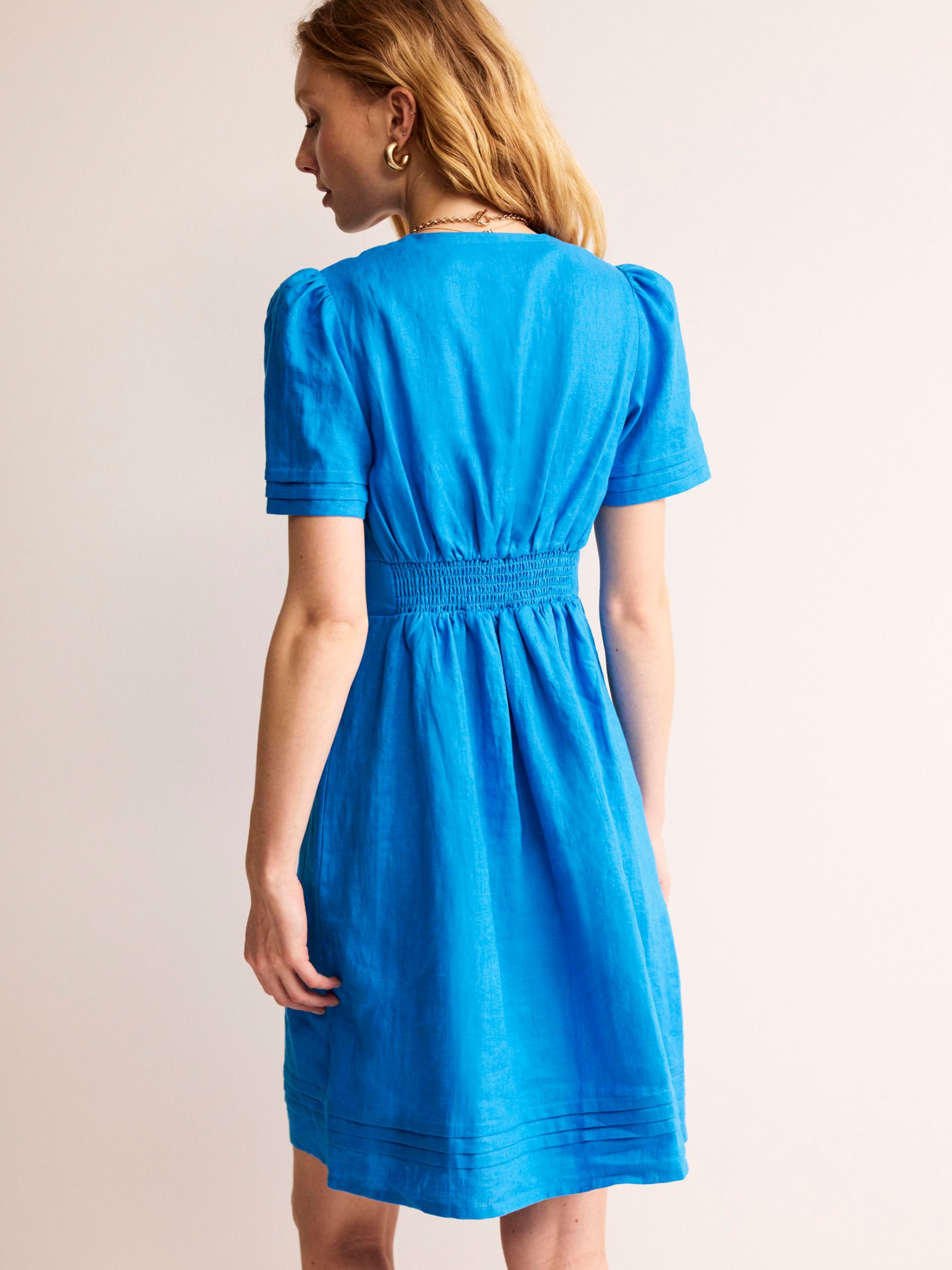 Boden Eve Puff Sleeve Linen Dress, Brilliant Blue, 8