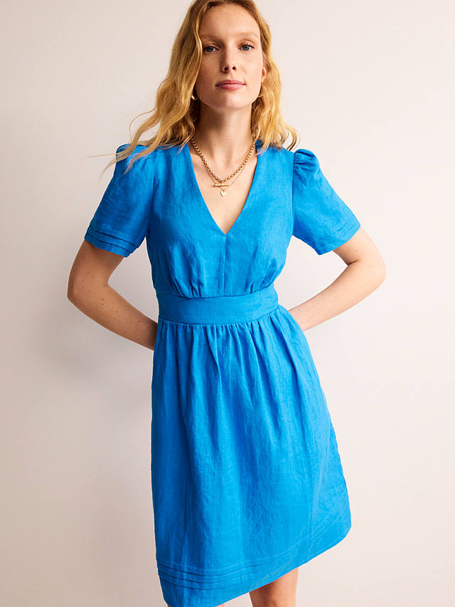 Boden Eve Knee Length Linen Dress, Brilliant Blue