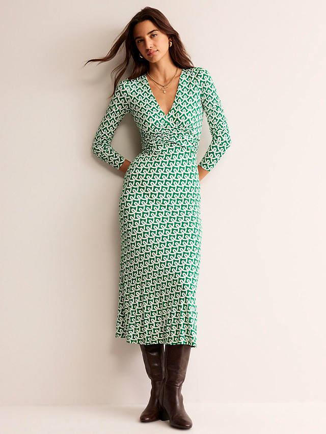 Boden Elodie Geometric Print Jersey Midi Dress, Green/Cream