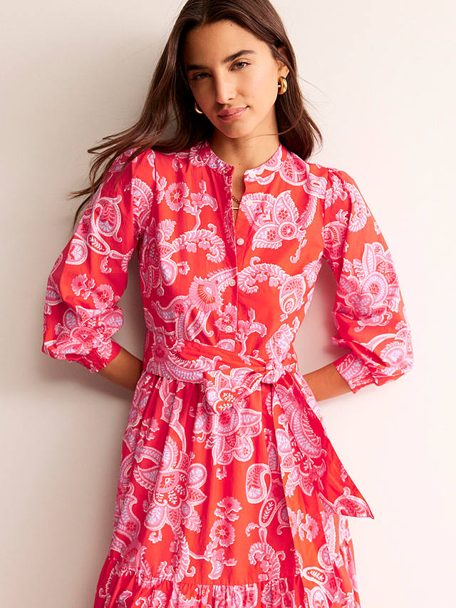 Boden Alba Tiered Cotton Paisley Print Maxi Dress, Scarlet/Multi