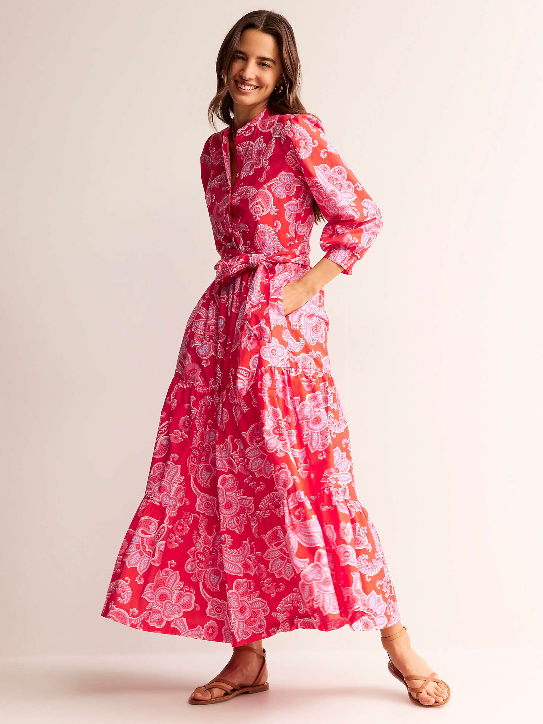 Buy Boden Alba Tiered Cotton Paisley Print Maxi Dress, Scarlet/Multi Online at johnlewis.com