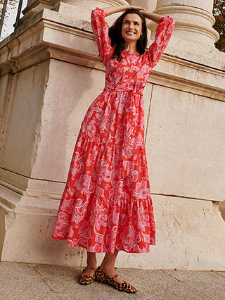 Boden Alba Tiered Cotton Paisley Print Maxi Dress, Scarlet/Multi