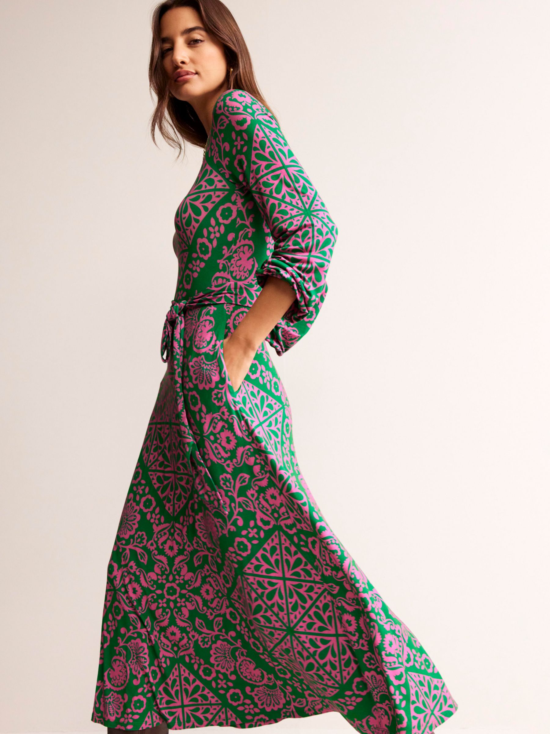 Boden Mosaic Terrace Placement Print Jersey Midi Dress, Green/Pink at ...