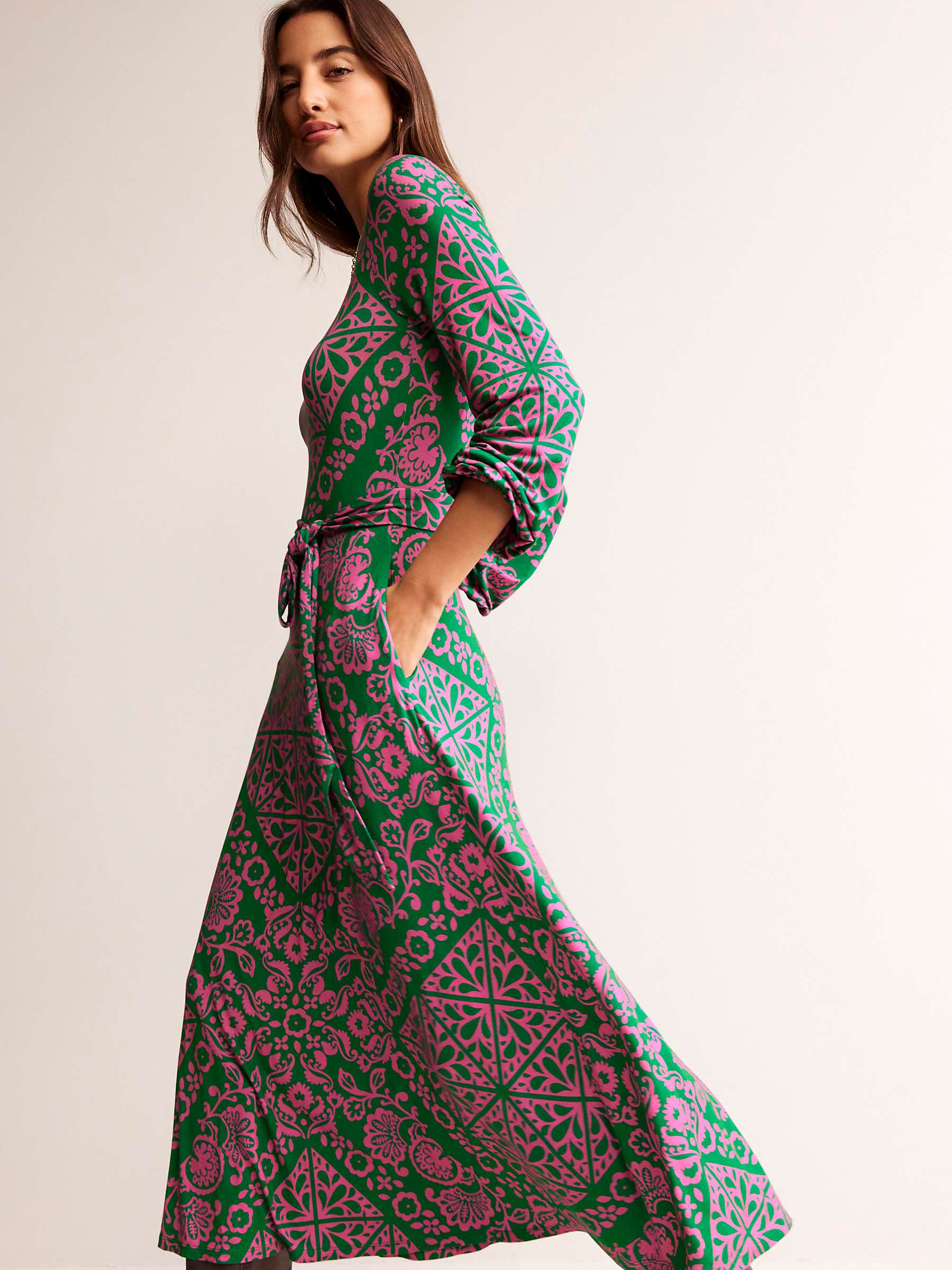 Buy Boden Mosaic Terrace Placement Print Jersey Midi Dress, Green/Pink Online at johnlewis.com