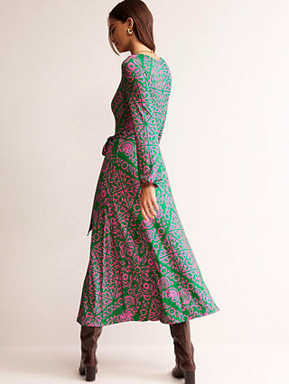 Boden Mosaic Terrace Placement Print Jersey Midi Dress, Green/Pink