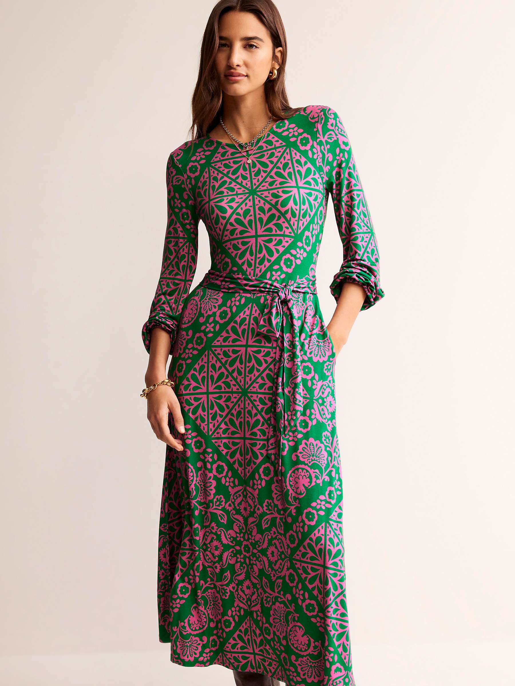 Buy Boden Mosaic Terrace Placement Print Jersey Midi Dress, Green/Pink Online at johnlewis.com
