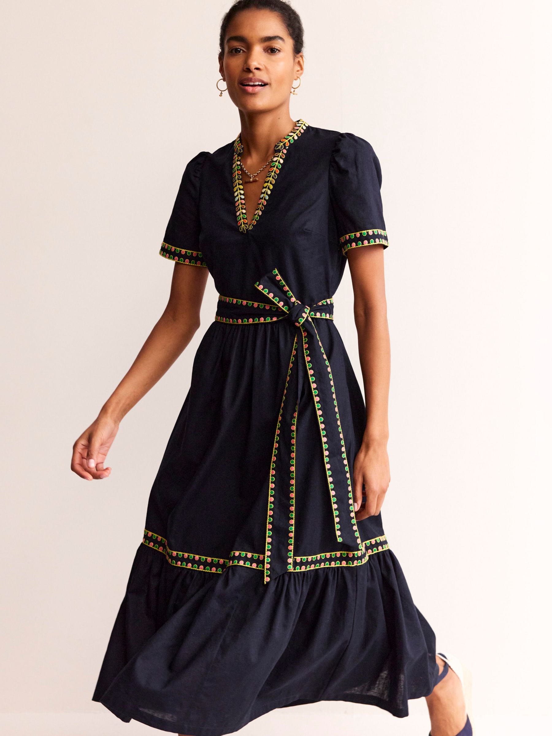 Boden Embroidered Trim Linen Blend Dress, Navy at John Lewis & Partners