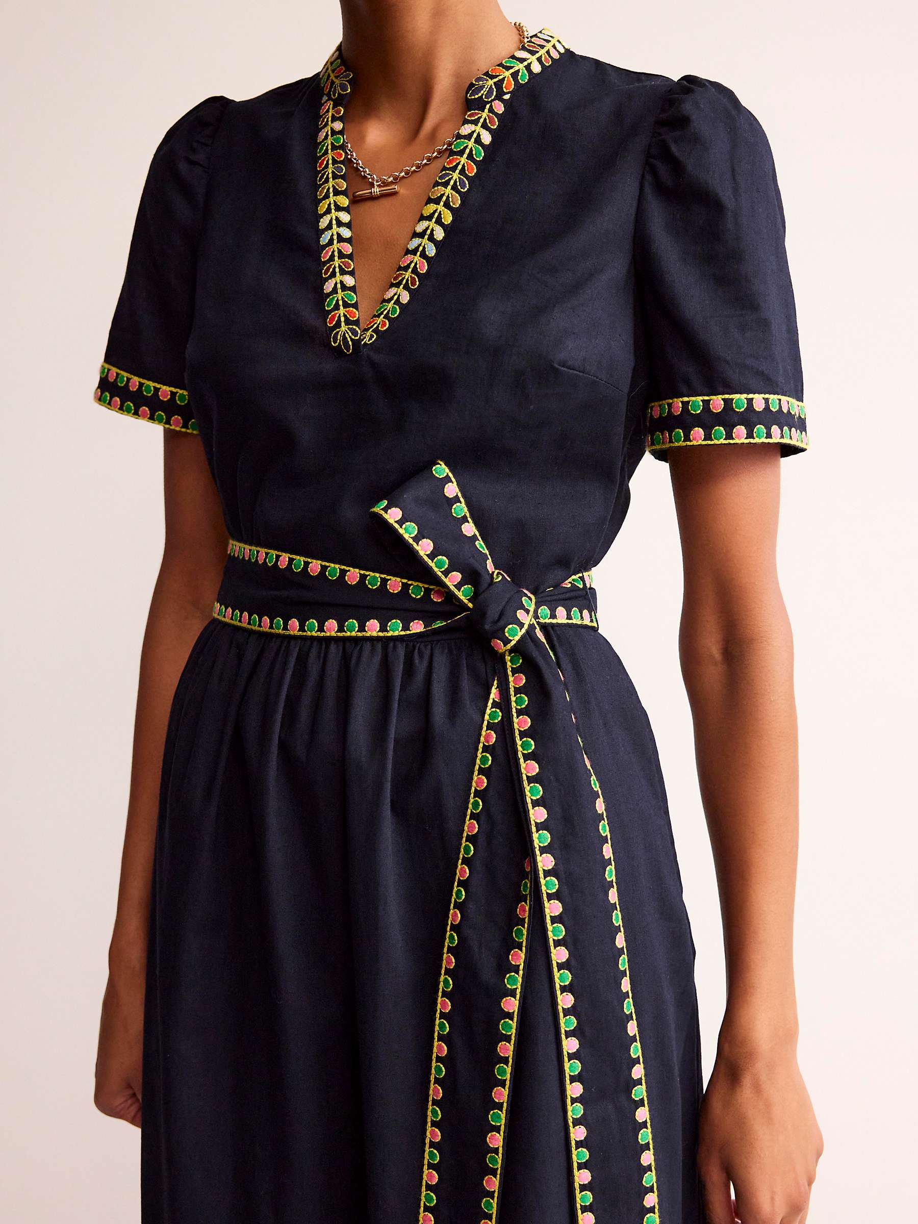 Buy Boden Embroidered Trim Linen Blend Dress, Navy Online at johnlewis.com