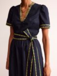 Boden Embroidered Trim Linen Blend Dress, Navy