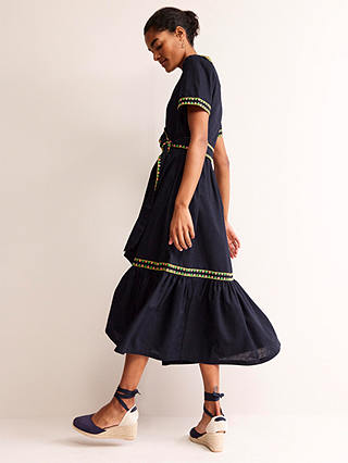 Boden Embroidered Trim Linen Blend Dress, Navy