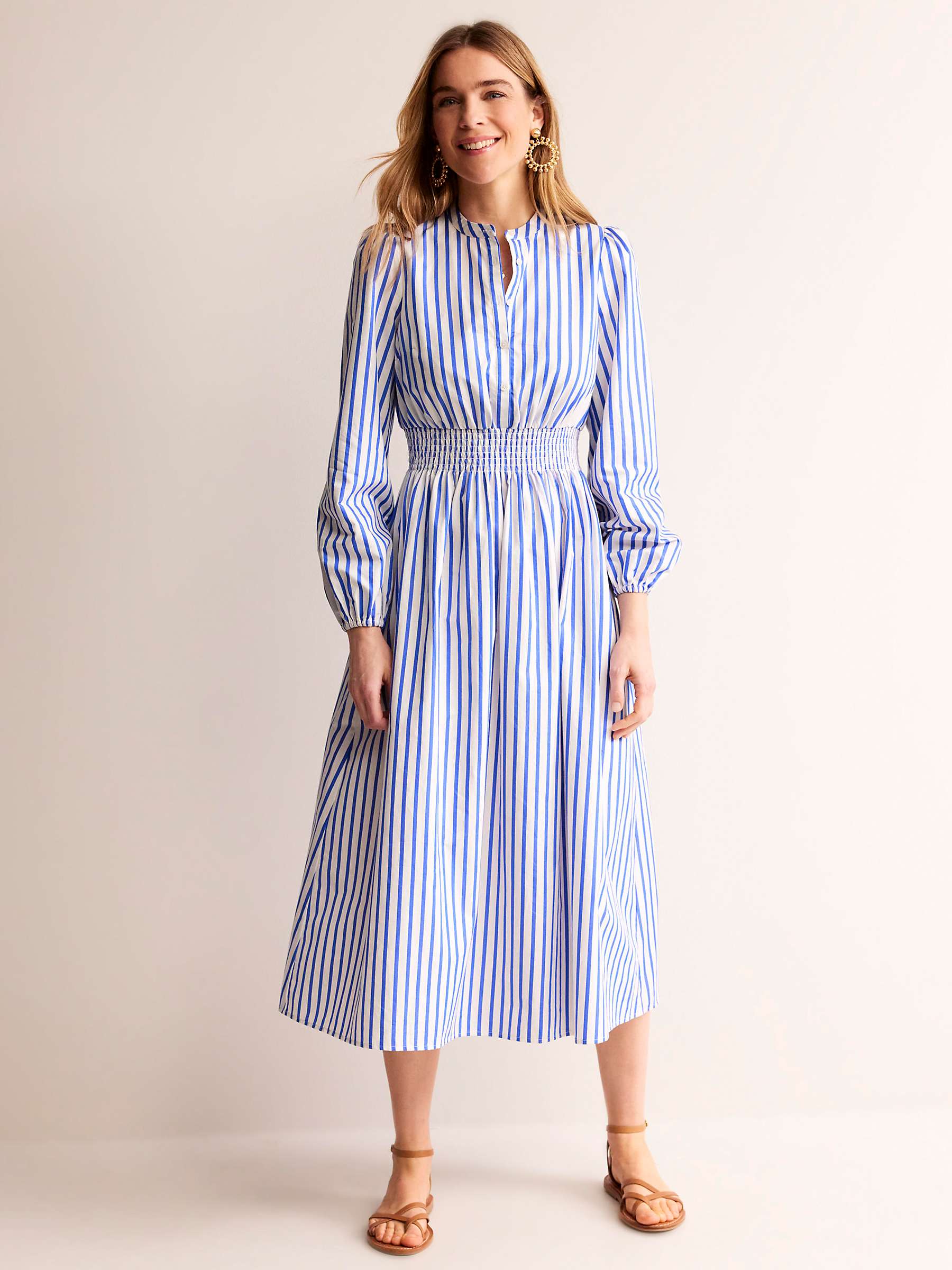 Buy Boden Smocked Waist Striped Midi Shirt Dress, Ivory/Blue Online at johnlewis.com