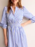 Boden Smocked Waist Striped Midi Shirt Dress, Ivory/Blue, Ivory/Blue