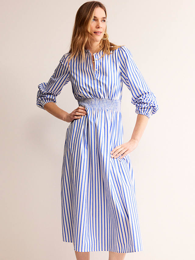 Boden Smocked Waist Striped Midi Shirt Dress, Ivory/Blue