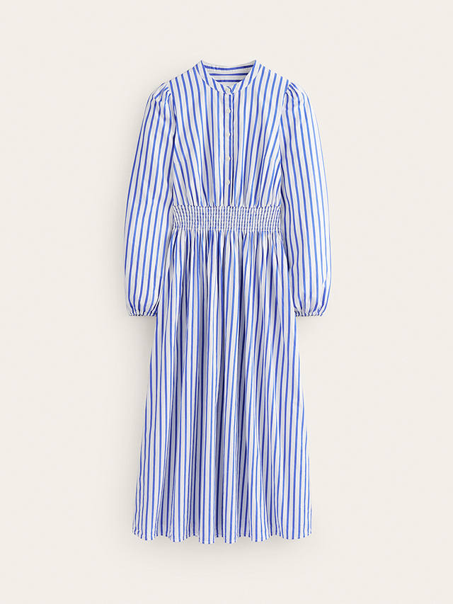 Boden Smocked Waist Striped Midi Shirt Dress, Ivory/Blue