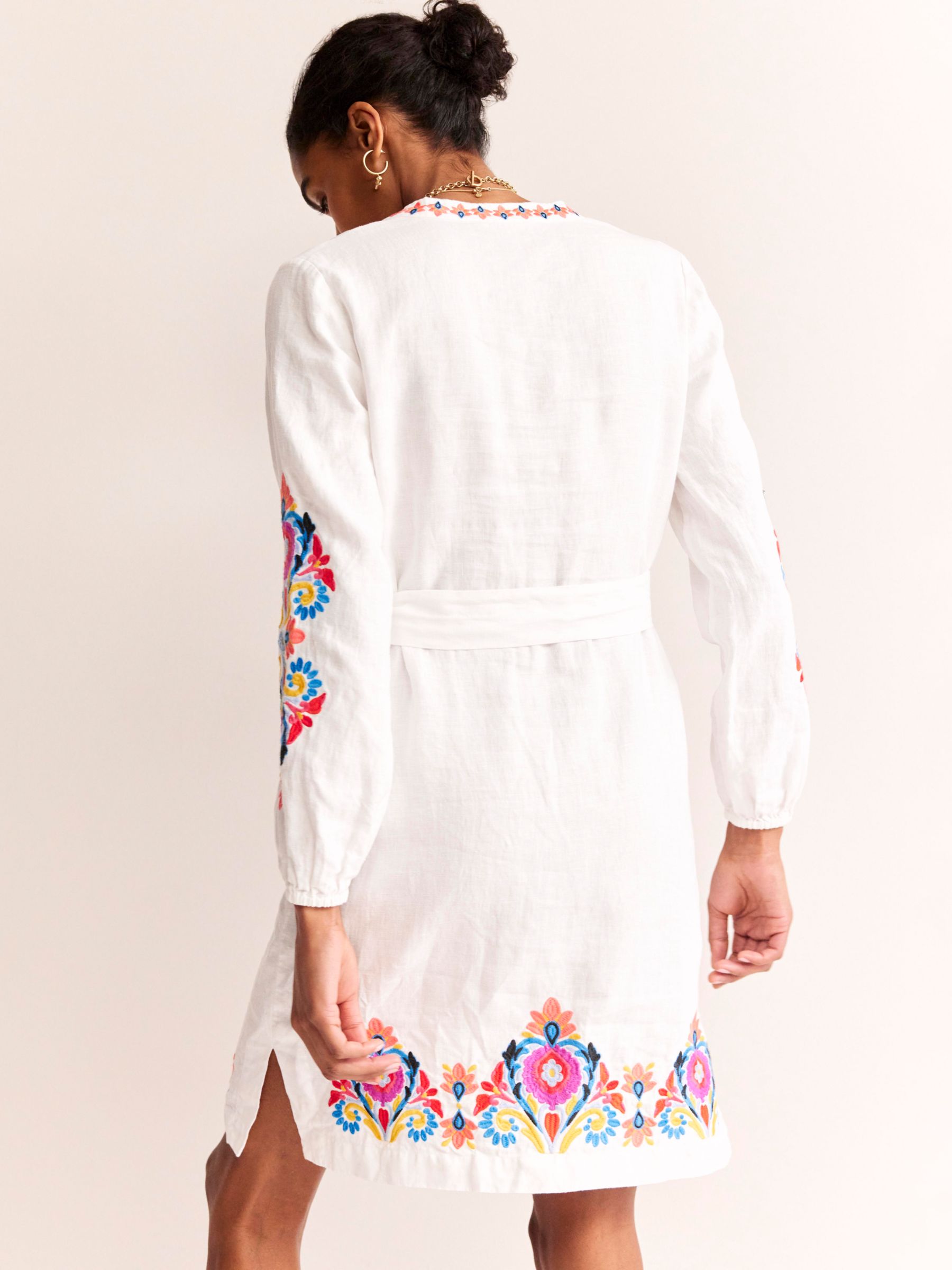 Boden Cleo Embroidered Linen Mini Dress, White/Multi, 8