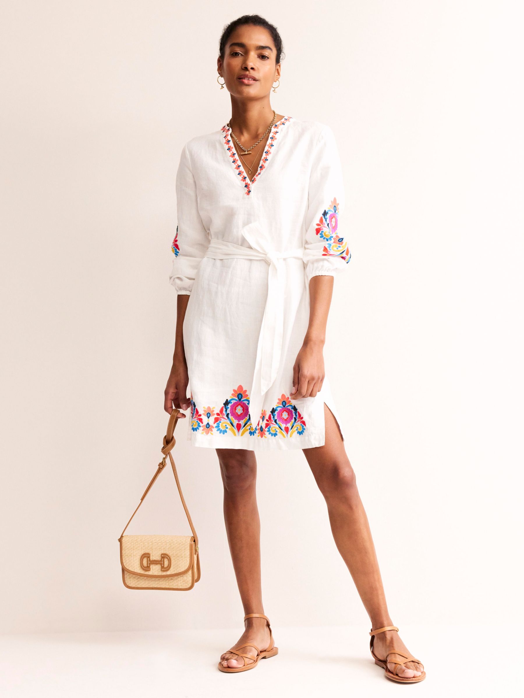 Boden Cleo Embroidered Linen Mini Dress, White/Multi, 8