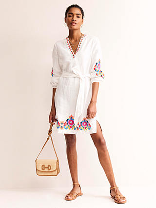 Boden Cleo Embroidered Linen Mini Dress, White/Multi