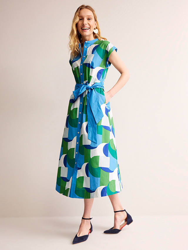 Boden Amanda Cotton Geometric Swirl Midi Shirt Dress, Blue/Multi