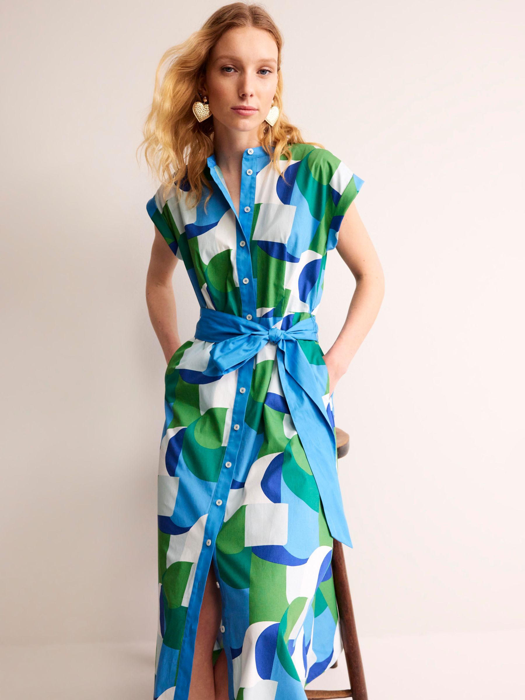 Boden Amanda Cotton Geometric Swirl Midi Shirt Dress, Blue/Multi at ...