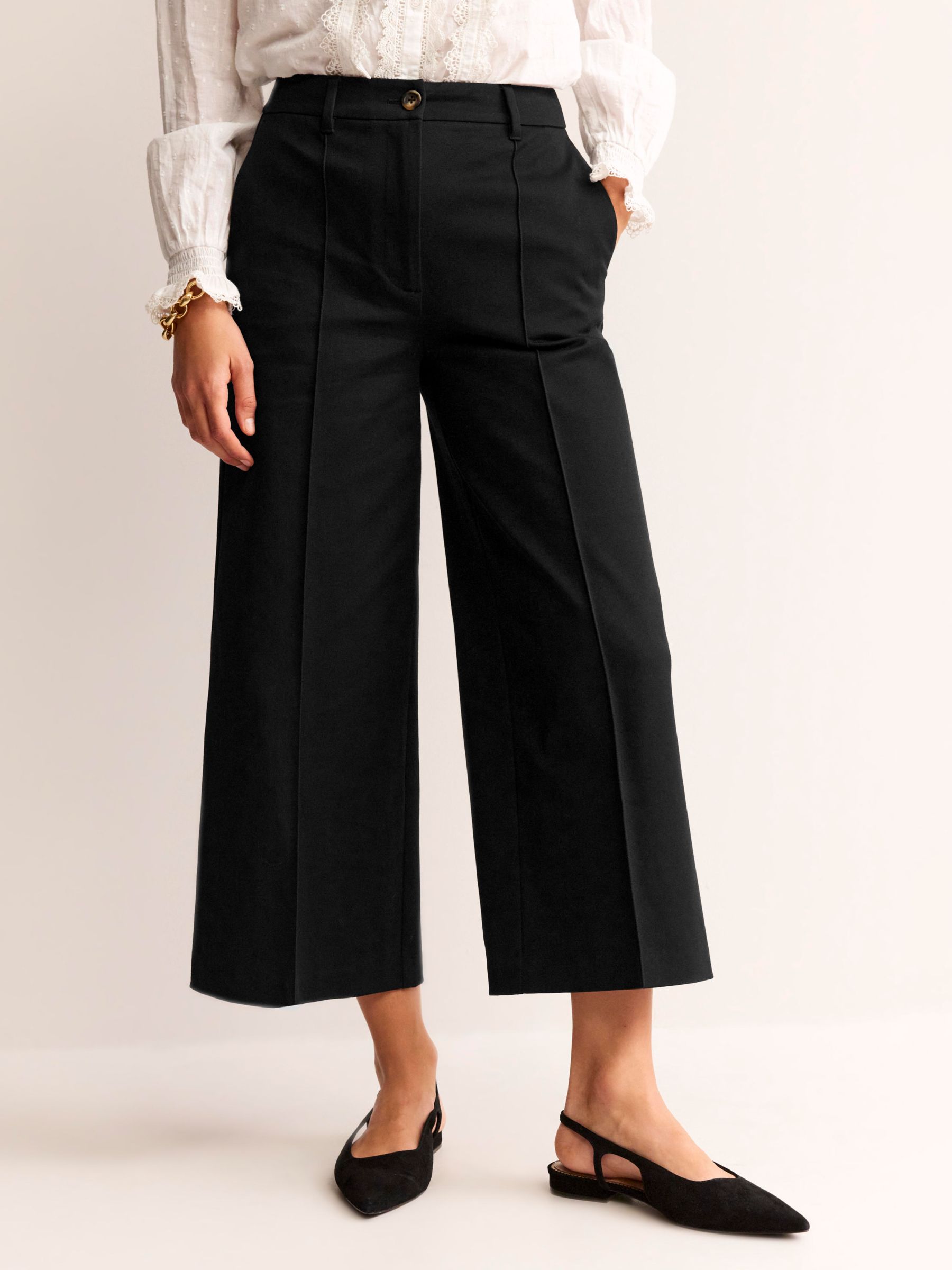 Boden Wide Leg Cropped Trousers, Black, 8