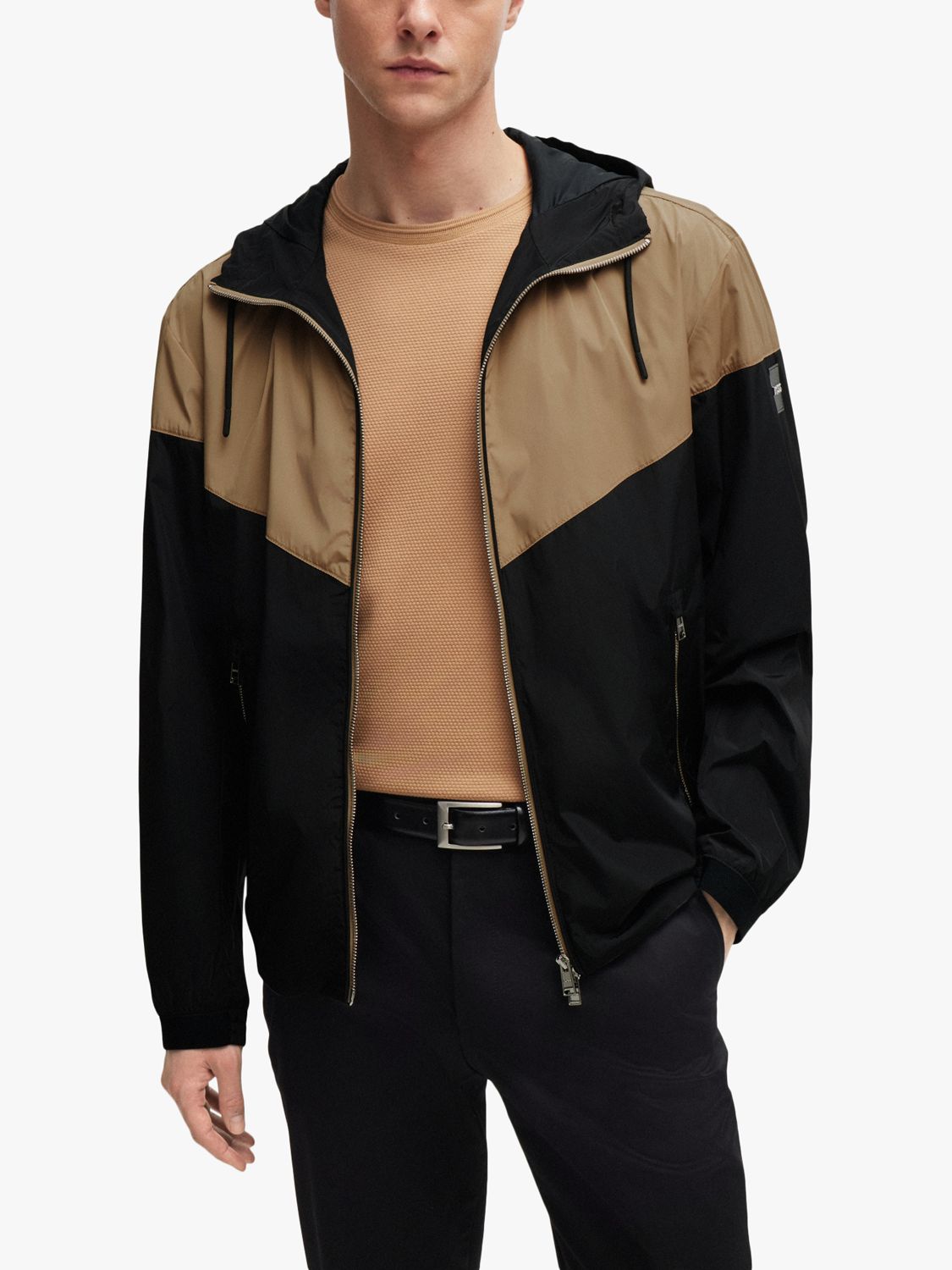 BOSS Cireno Colour Block Hooded Jacket, Medium Beige/Black, 38R